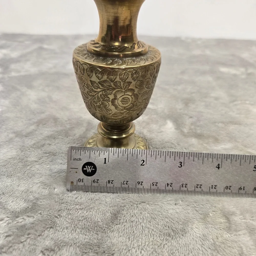 Vintage Etched Brass Bud Vase India Floral Engraved Pedestal Mini Vase 5.25 Inch